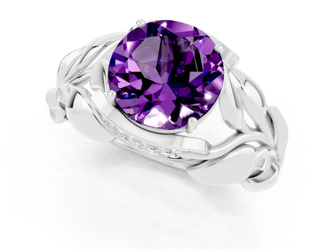 White gold Round Cut Solitaire Leaf-Inspired Engagement Ring with Prong Setting_1