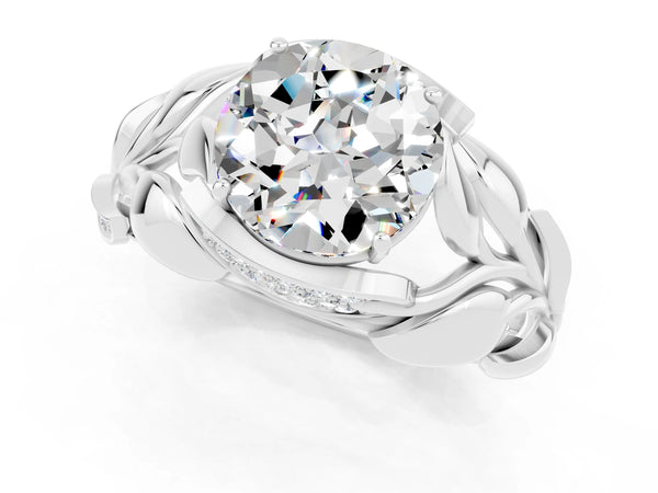 Silver Round Cut Moissanite Leaf-Inspired Engagement Ring with Round Accents and Prong Setting