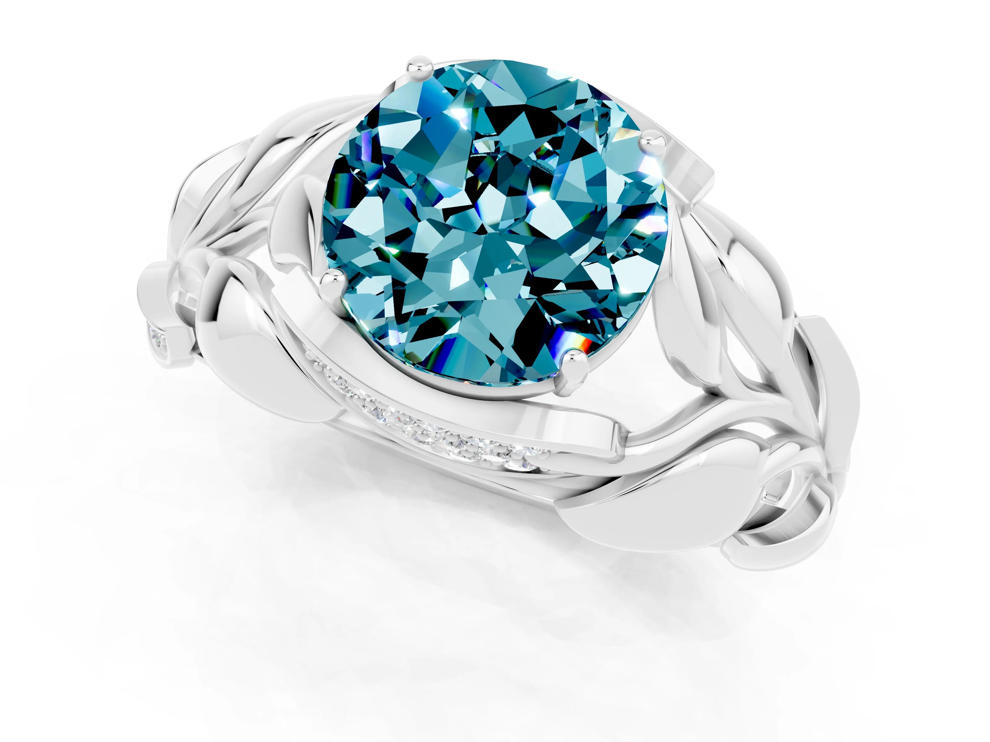 White gold Round Cut Solitaire Leaf-Inspired Engagement Ring with Prong Setting_1