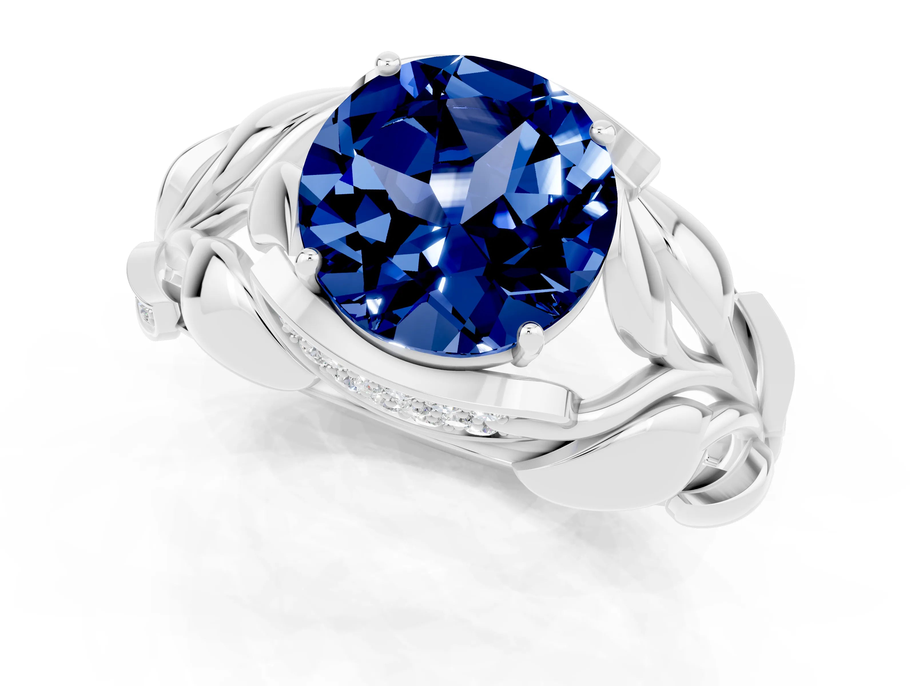 White gold Round Cut Solitaire Leaf-Inspired Engagement Ring with Prong Setting_1