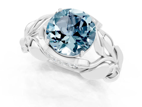 White gold Round Cut Solitaire Leaf-Inspired Engagement Ring with Prong Setting_1