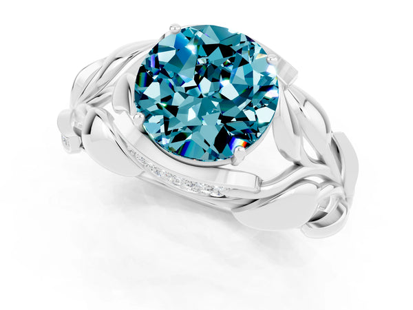 Platinum Round Cut Solitaire Leaf-Inspired Engagement Ring with Prong Setting