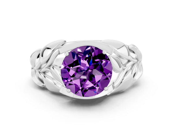 White gold Round Cut Amethyst Leaf-Inspired Engagement Ring with Round Accents and Prong Setting