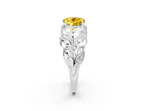 Silver Round Cut Yellow Sapphire Leaf-Inspired Engagement Ring with Round Accents and Prong Setting