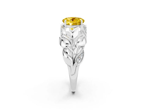 White gold Round Cut Solitaire Leaf-Inspired Engagement Ring with Prong Setting_2