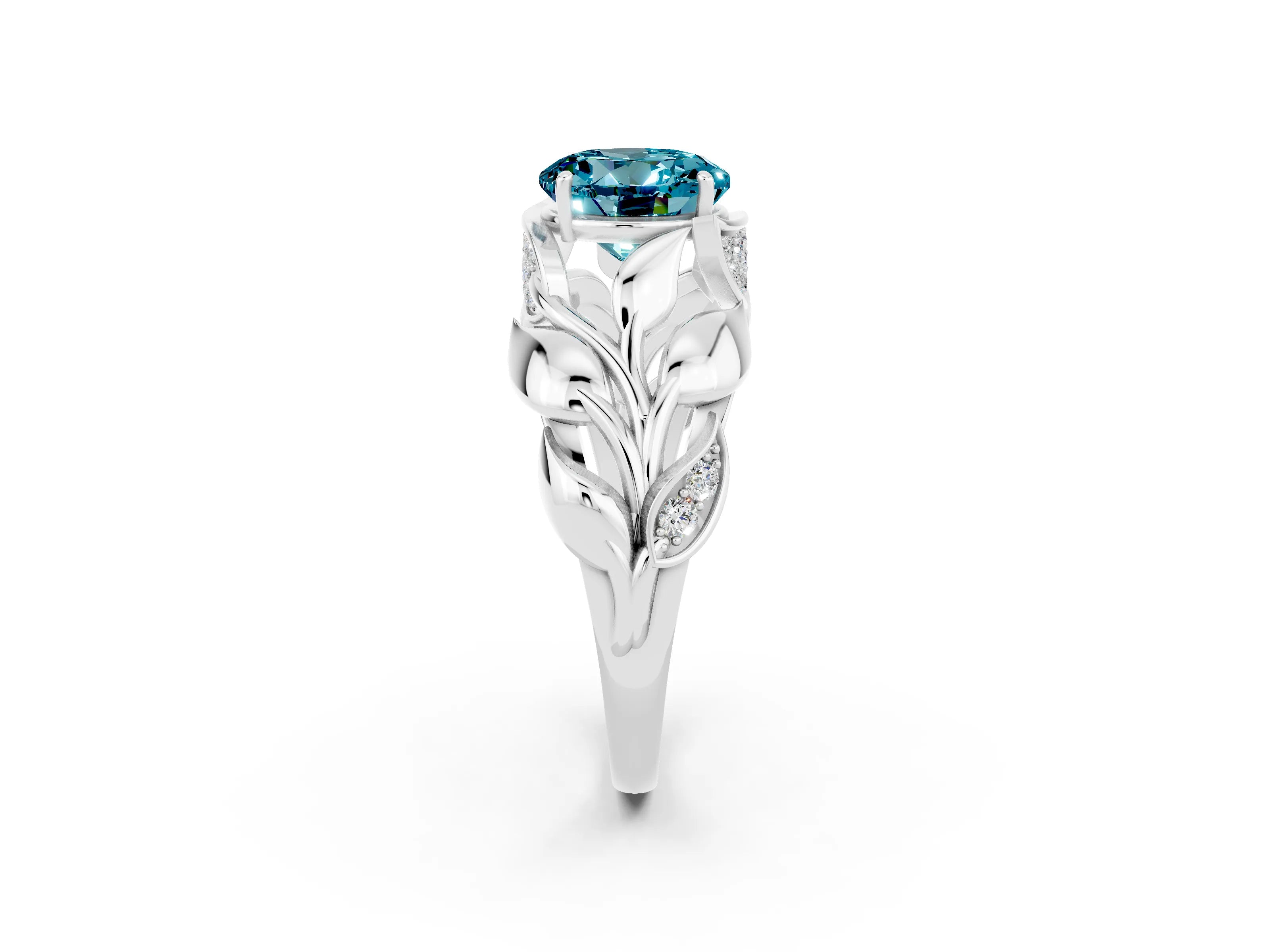 White gold Round Cut Solitaire Leaf-Inspired Engagement Ring with Prong Setting_2