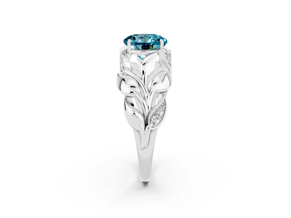Silver Round Cut Solitaire Leaf-Inspired Engagement Ring with Prong Setting