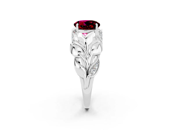 Silver Round Cut Garnet Leaf-Inspired Engagement Ring with Round Accents and Prong Setting