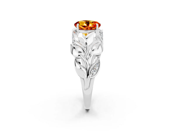 Platinum Round Cut Citrine Leaf-Inspired Engagement Ring with Round Accents and Prong Setting