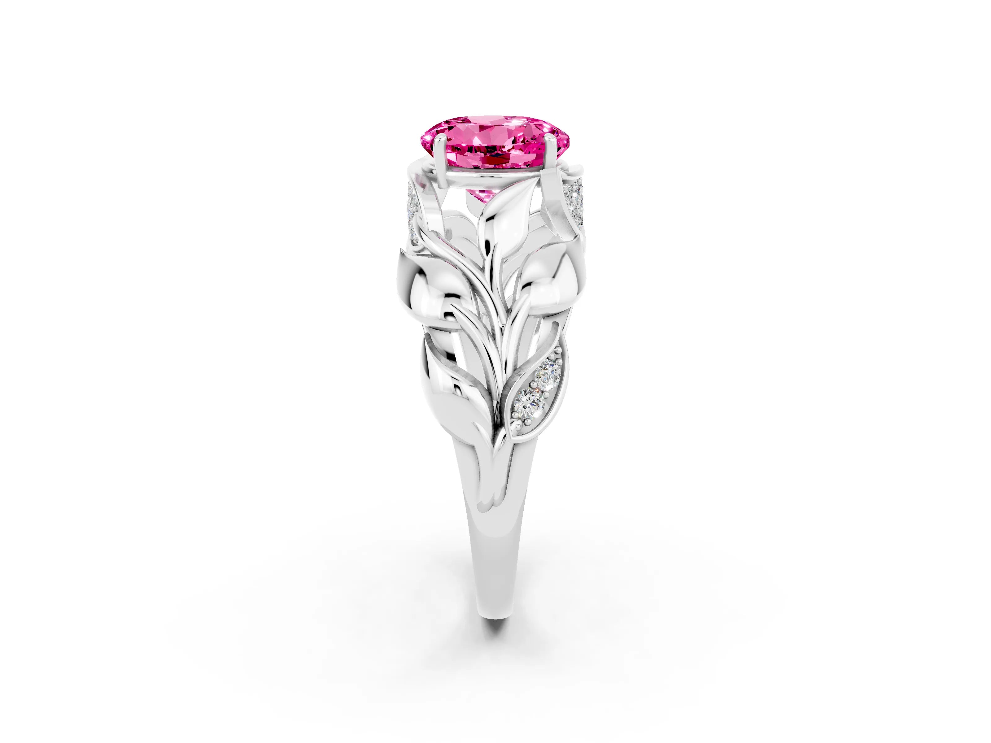 White gold Round Cut Solitaire Leaf-Inspired Engagement Ring with Prong Setting_2