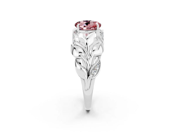 Platinum Round Cut Solitaire Leaf-Inspired Engagement Ring with Prong Setting