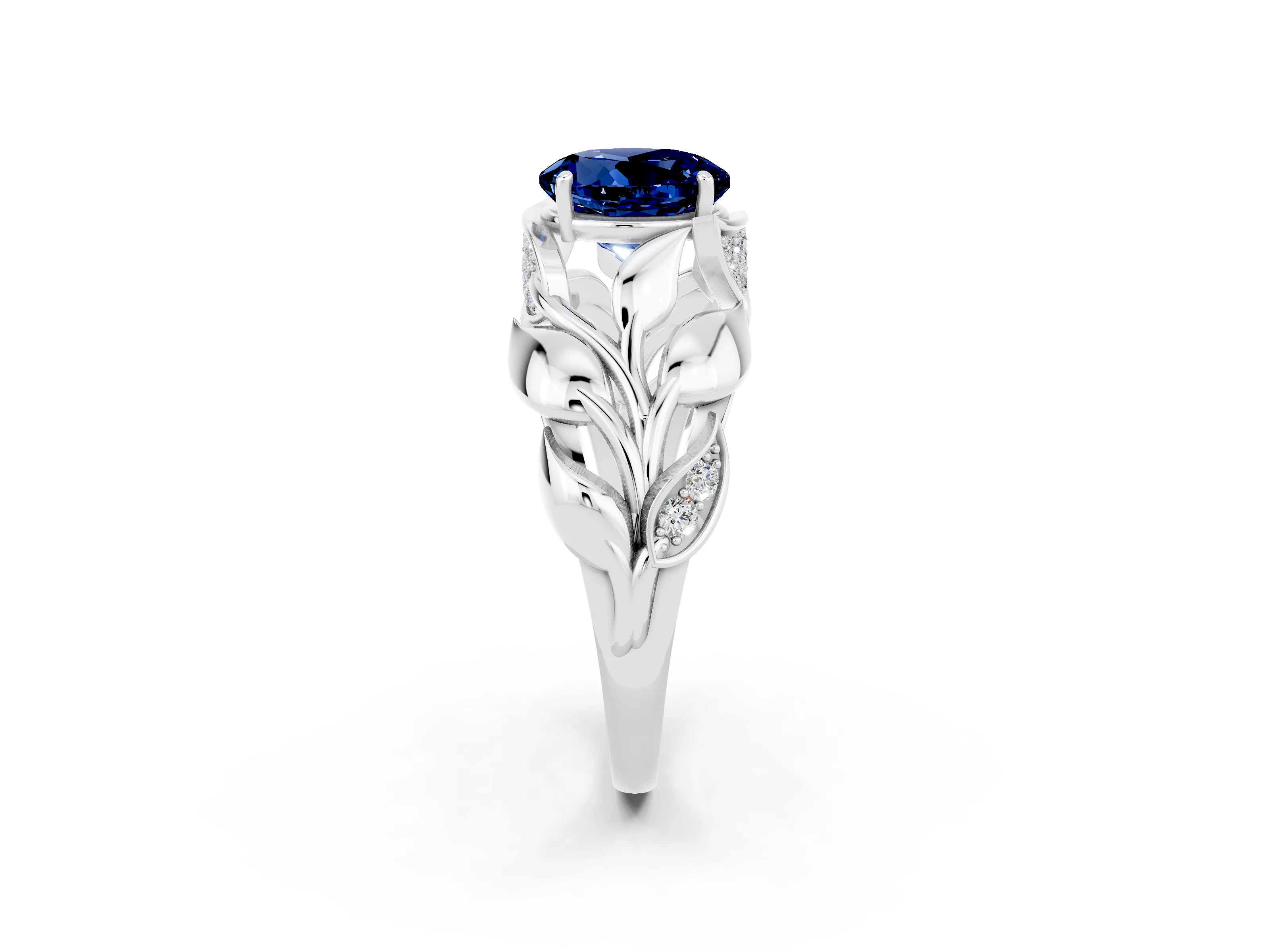 White gold Round Cut Solitaire Leaf-Inspired Engagement Ring with Prong Setting_2