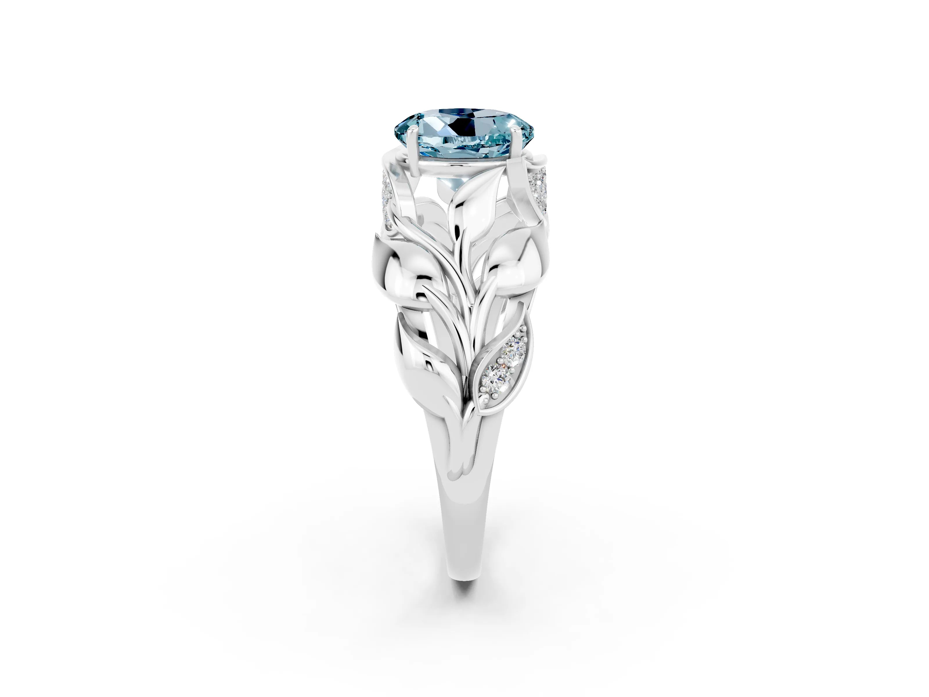 White gold Round Cut Solitaire Leaf-Inspired Engagement Ring with Prong Setting_2