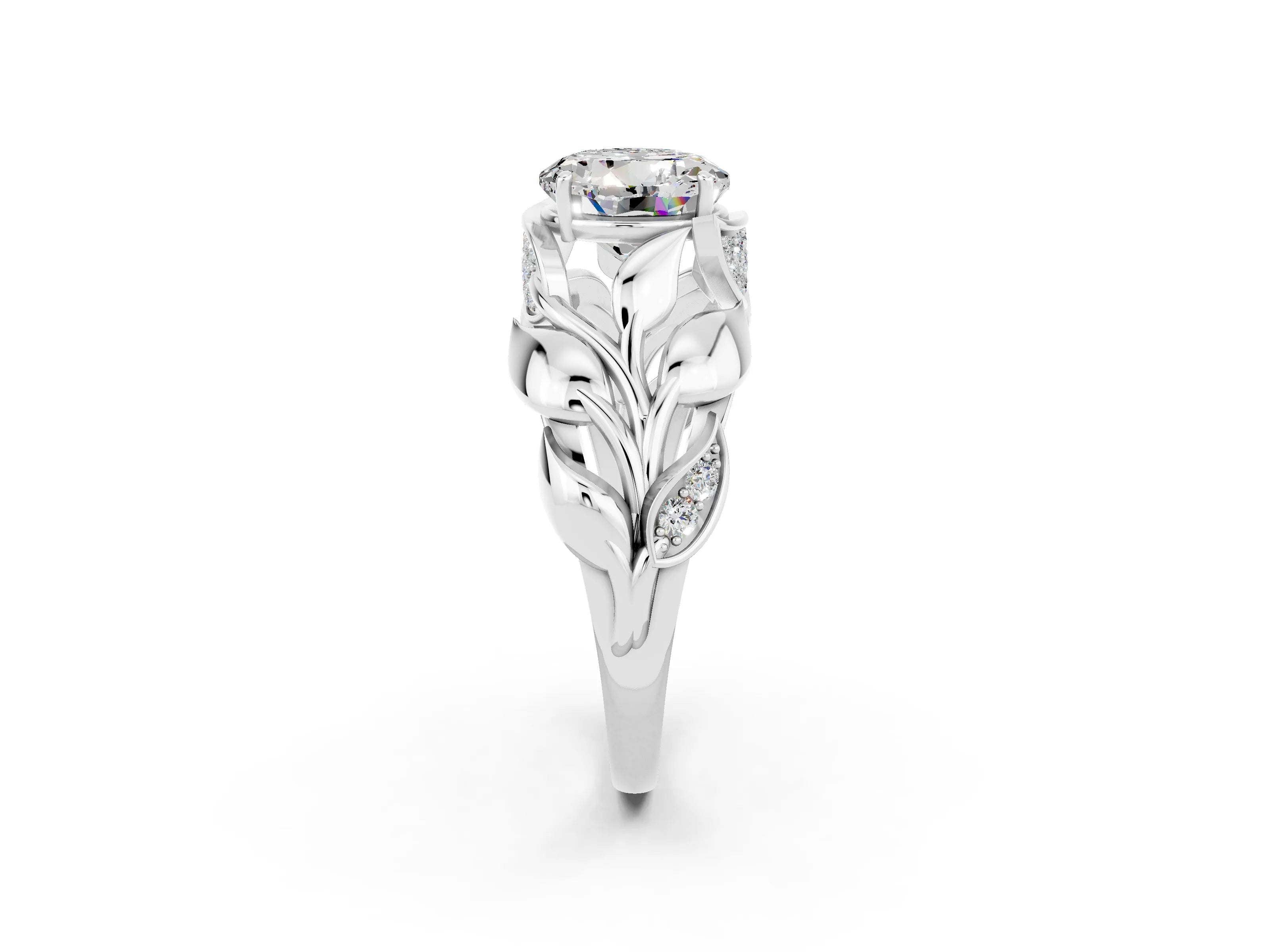 White gold Round Cut Solitaire Leaf-Inspired Engagement Ring with Prong Setting_2
