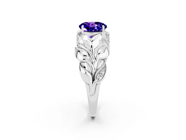 Silver Round Cut Tanzanite Leaf-Inspired Engagement Ring with Round Accents and Prong Setting