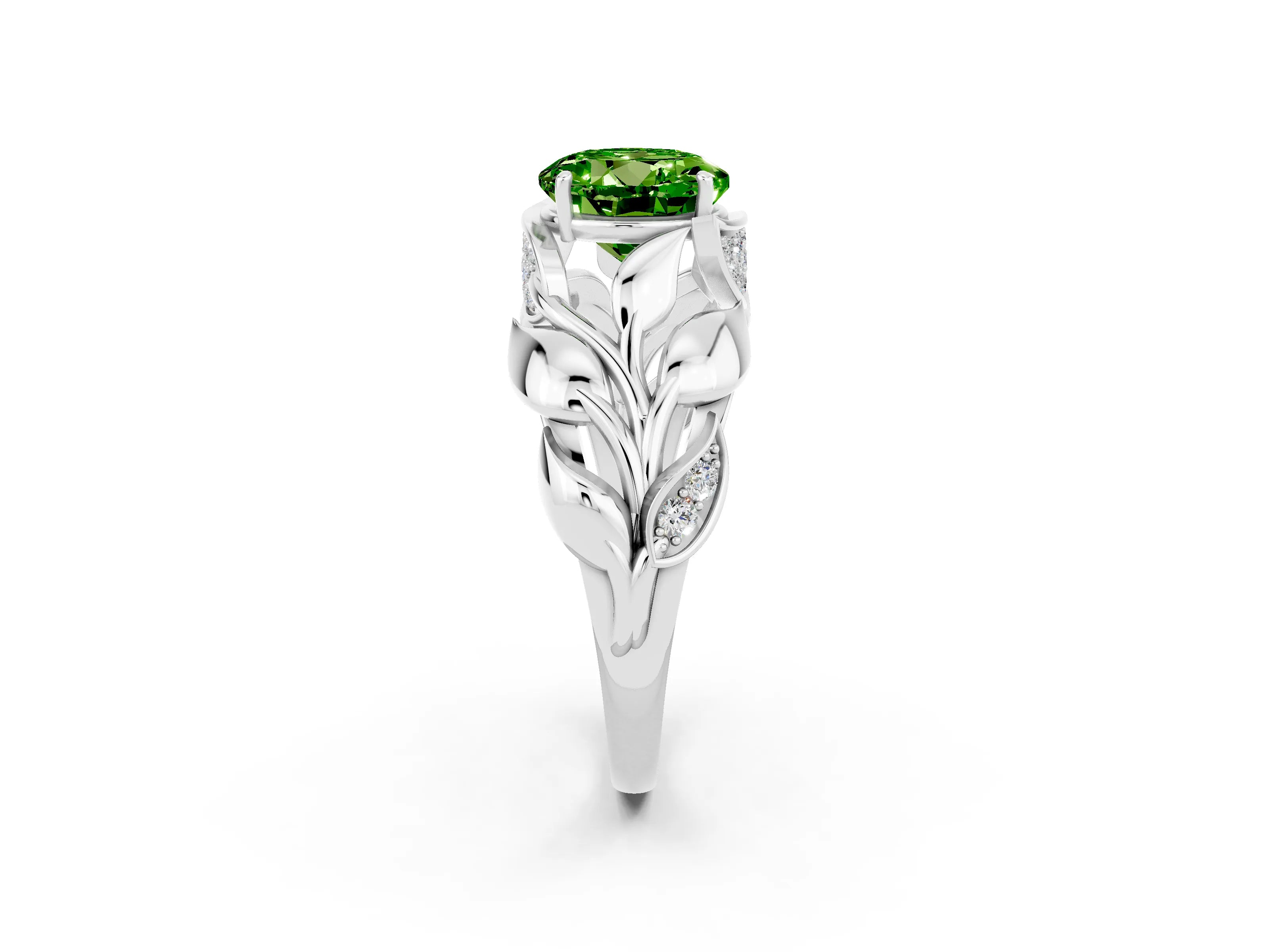 White gold Round Cut Solitaire Leaf-Inspired Engagement Ring with Prong Setting_2
