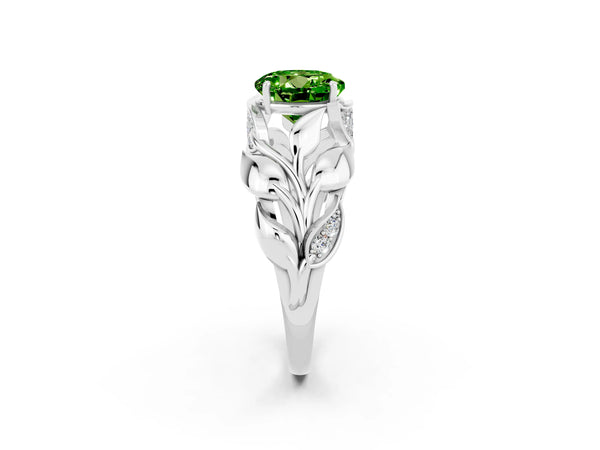 Silver Round Cut Solitaire Leaf-Inspired Engagement Ring with Prong Setting