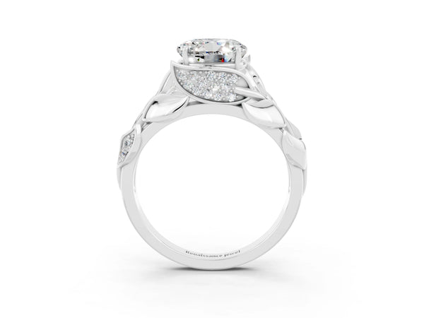 Platinum Round Cut Moissanite Leaf-Inspired Engagement Ring with Round Accents and Prong Setting