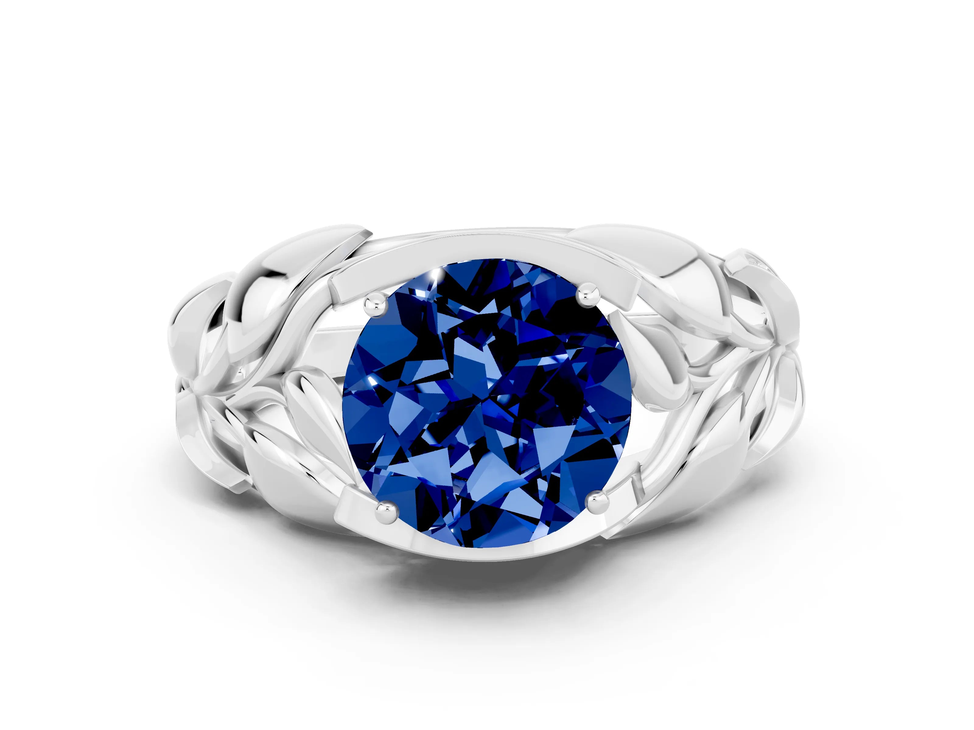 White gold Round Cut Solitaire Leaf-Inspired Engagement Ring with Prong Setting