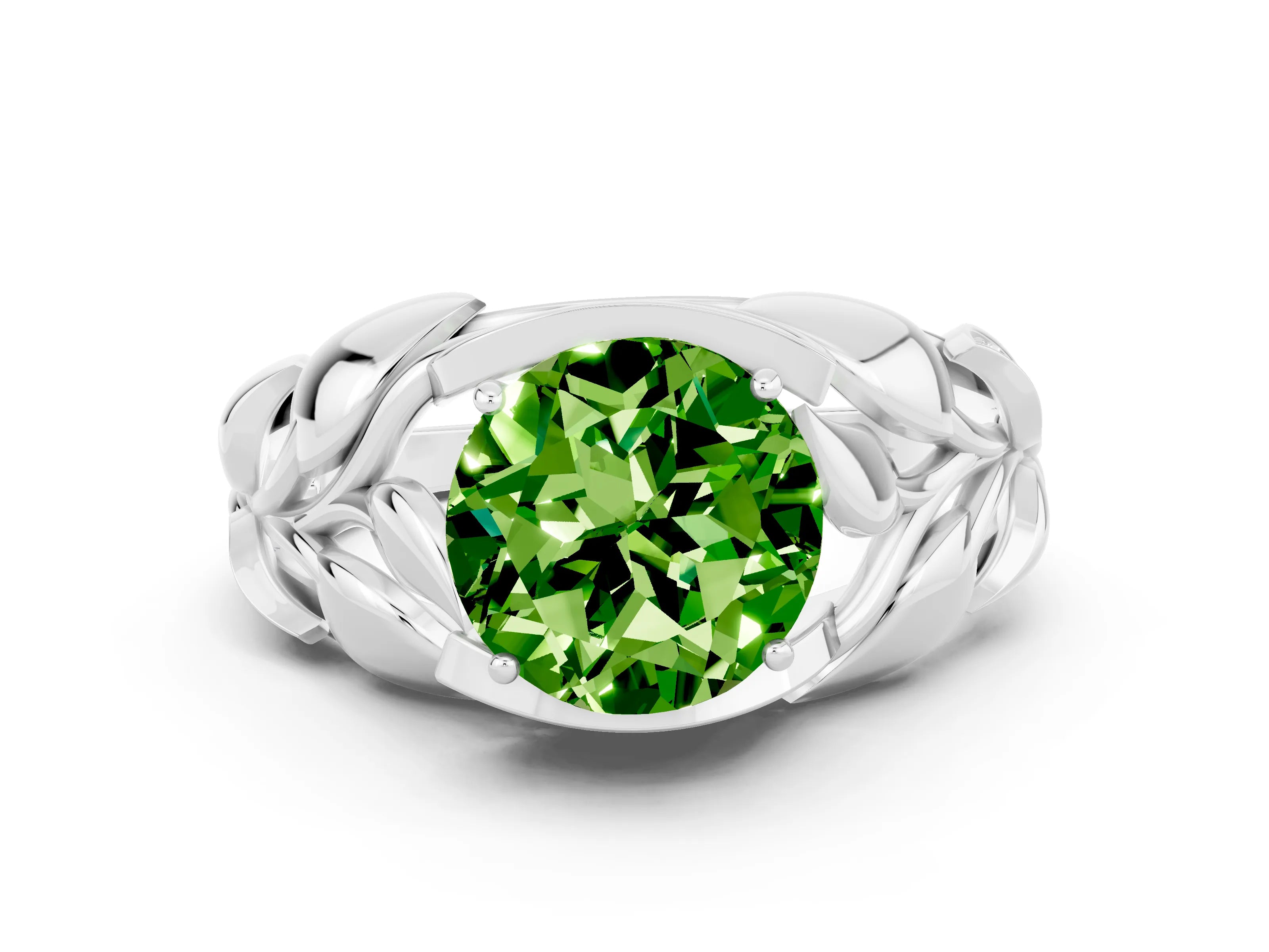 White gold Round Cut Solitaire Leaf-Inspired Engagement Ring with Prong Setting