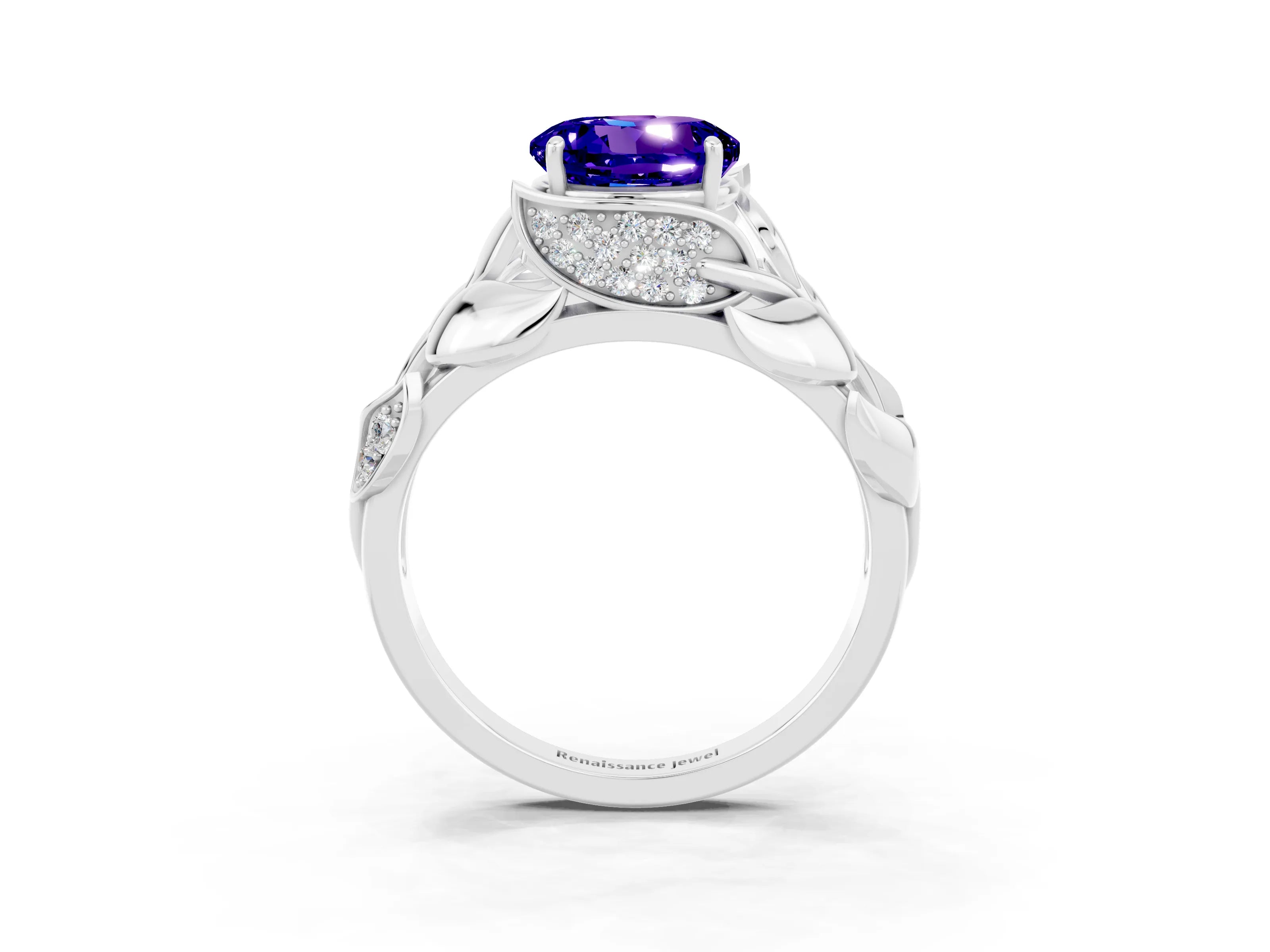 White gold Round Cut Solitaire Leaf-Inspired Engagement Ring with Prong Setting_3