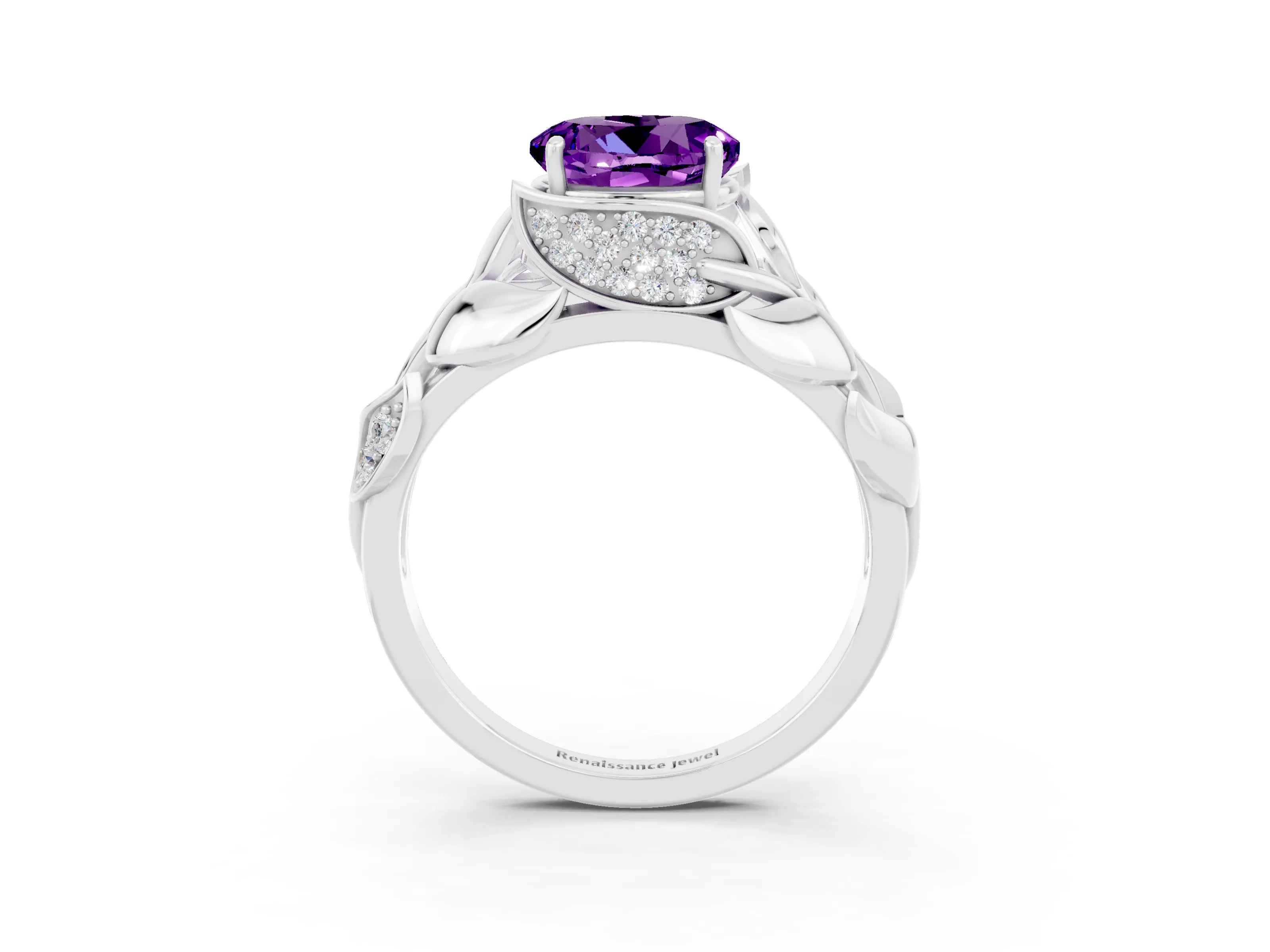 White gold Round Cut Solitaire Leaf-Inspired Engagement Ring with Prong Setting_3