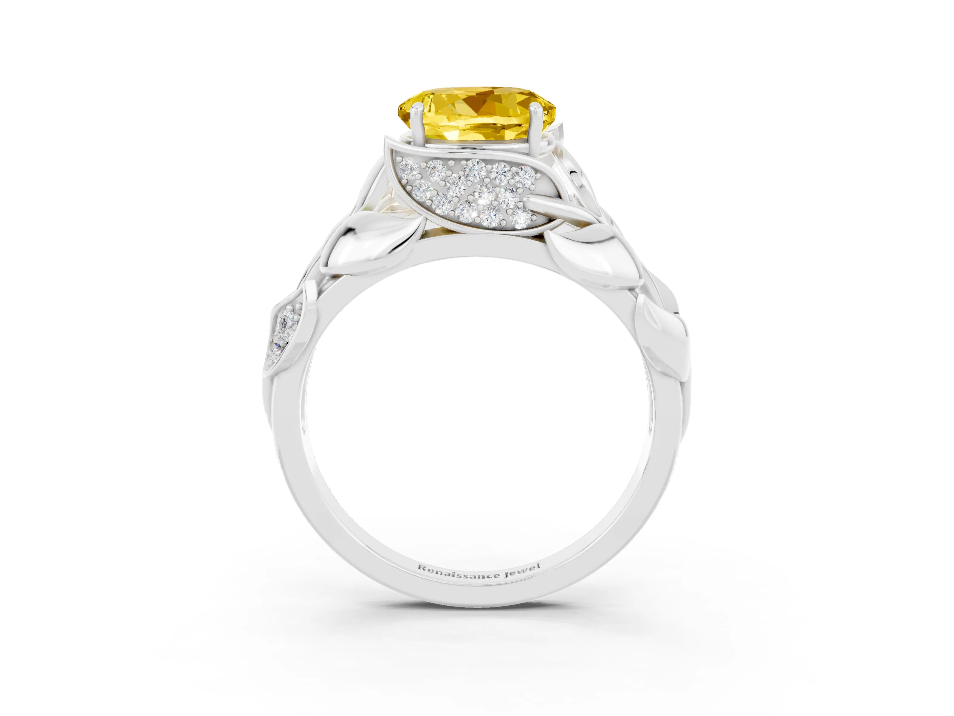 White gold Round Cut Solitaire Leaf-Inspired Engagement Ring with Prong Setting_3