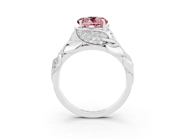Platinum Round Cut Solitaire Leaf-Inspired Engagement Ring with Prong Setting