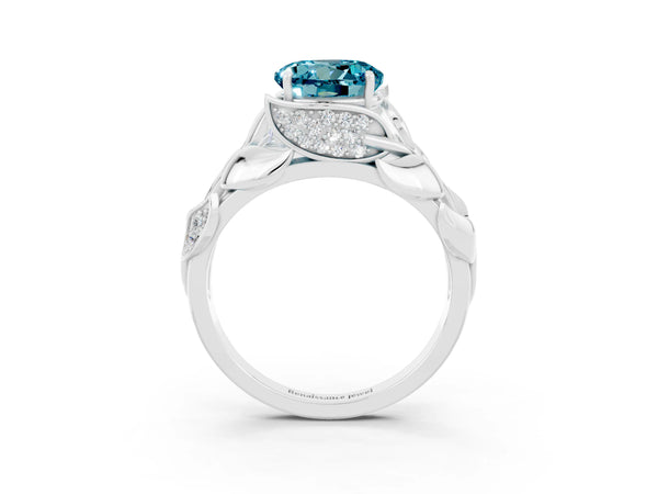 Silver Round Cut Solitaire Leaf-Inspired Engagement Ring with Prong Setting