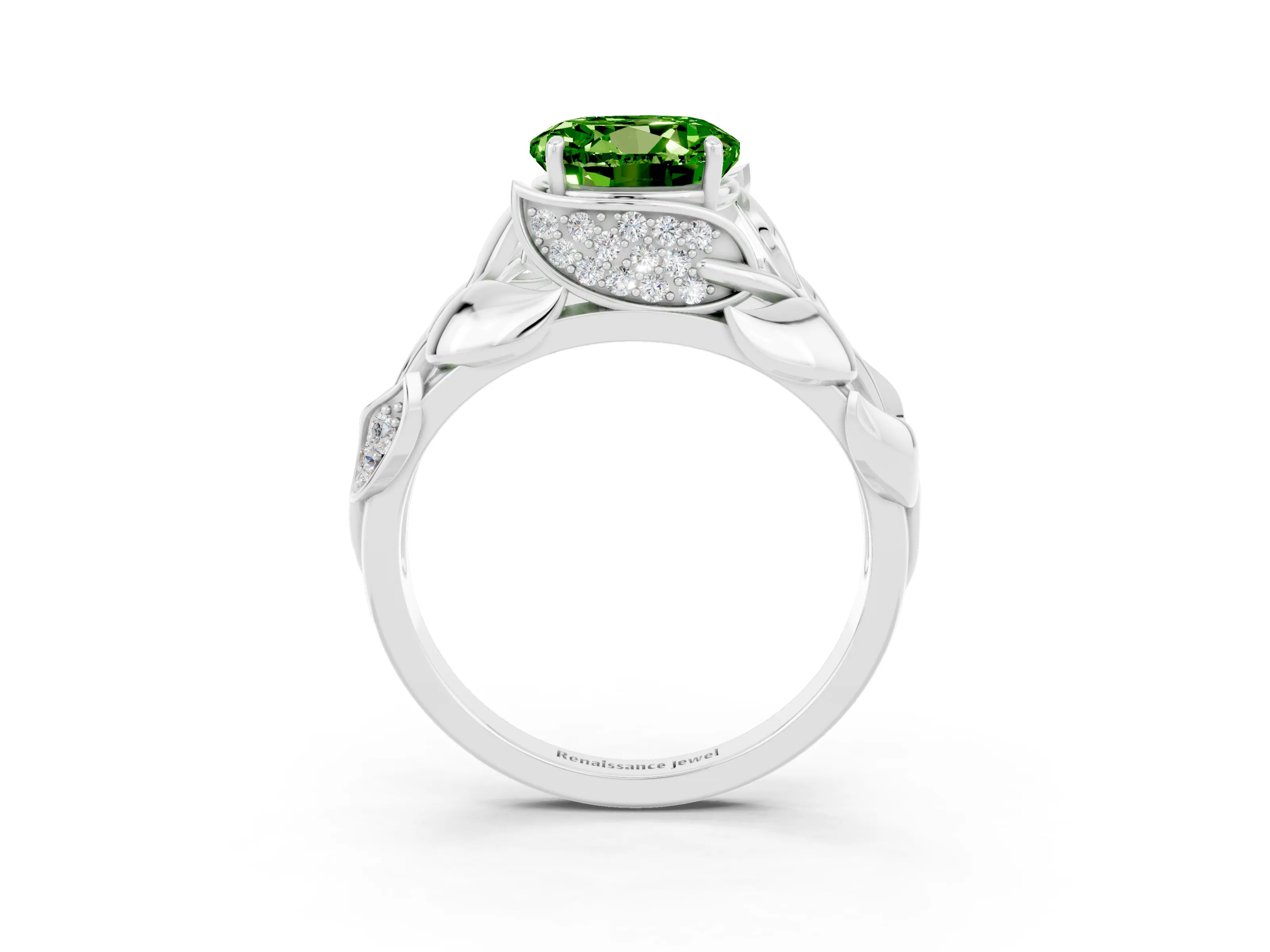 White gold Round Cut Solitaire Leaf-Inspired Engagement Ring with Prong Setting_3
