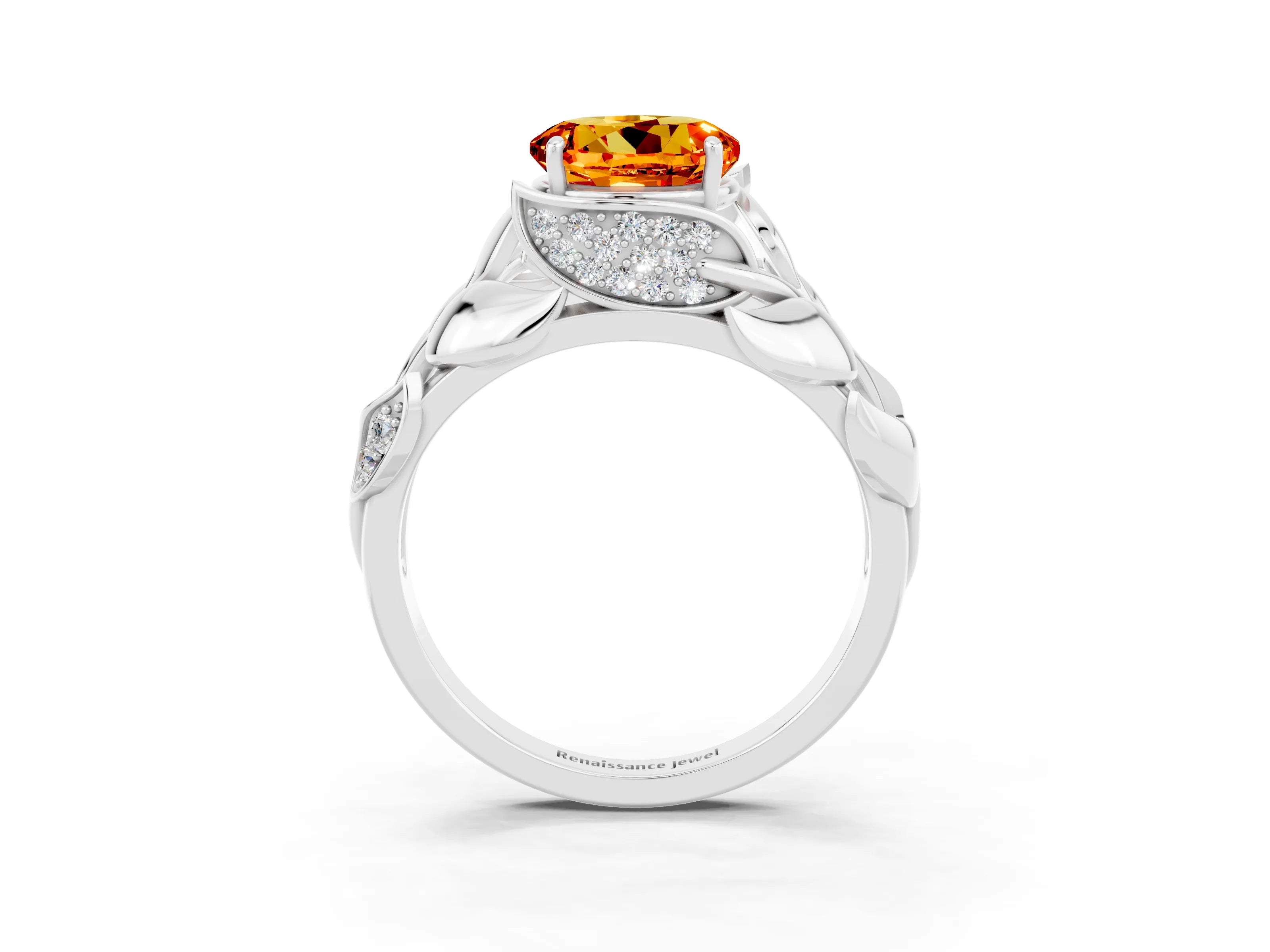 White gold Round Cut Solitaire Leaf-Inspired Engagement Ring with Prong Setting_3