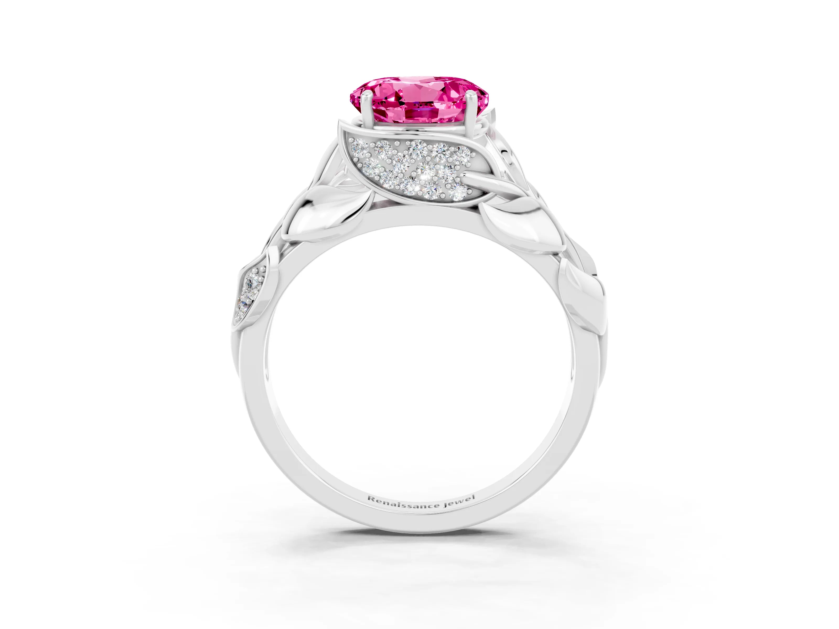 White gold Round Cut Solitaire Leaf-Inspired Engagement Ring with Prong Setting_3