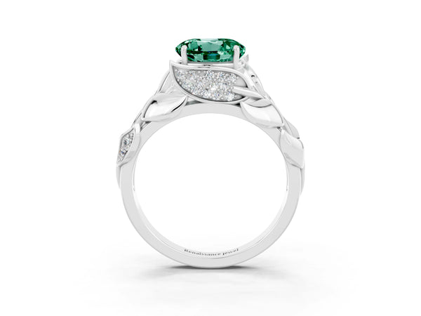 Silver Round Cut Green Sapphire Leaf-Inspired Engagement Ring with Round Accents and Prong Setting