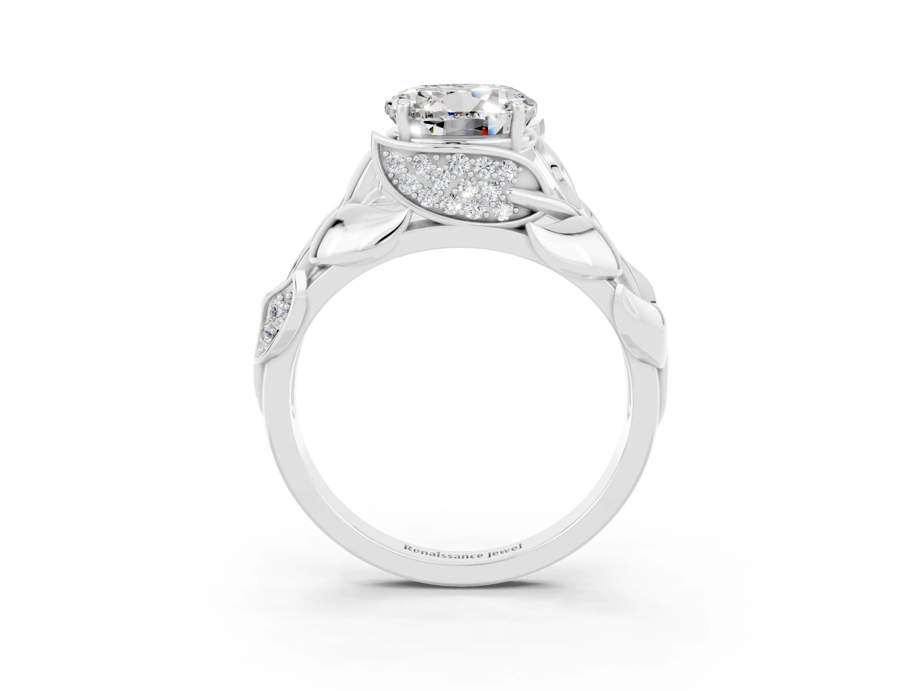White gold Round Cut Solitaire Leaf-Inspired Engagement Ring with Prong Setting_3