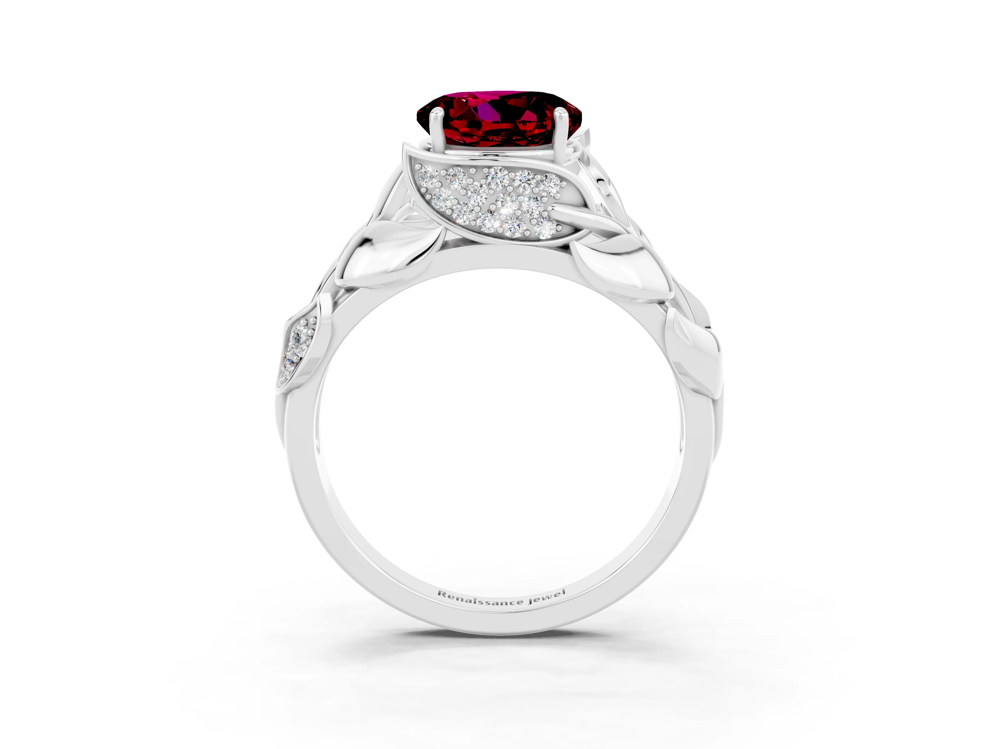 White gold Round Cut Solitaire Leaf-Inspired Engagement Ring with Prong Setting_3