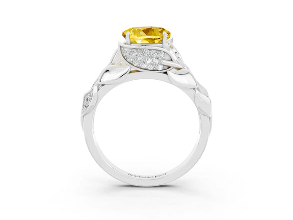 Silver Round Cut Yellow Sapphire Leaf-Inspired Engagement Ring with Round Accents and Prong Setting