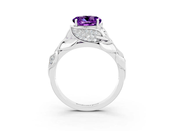 Silver Round Cut Amethyst Leaf-Inspired Engagement Ring with Round Accents and Prong Setting