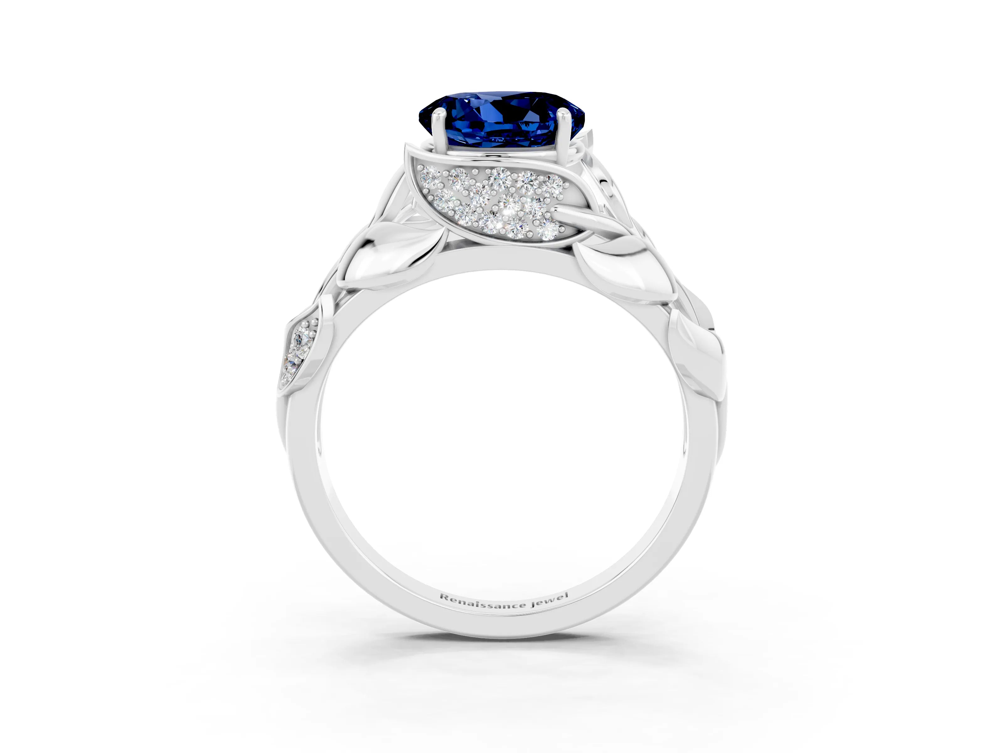 White gold Round Cut Solitaire Leaf-Inspired Engagement Ring with Prong Setting_3
