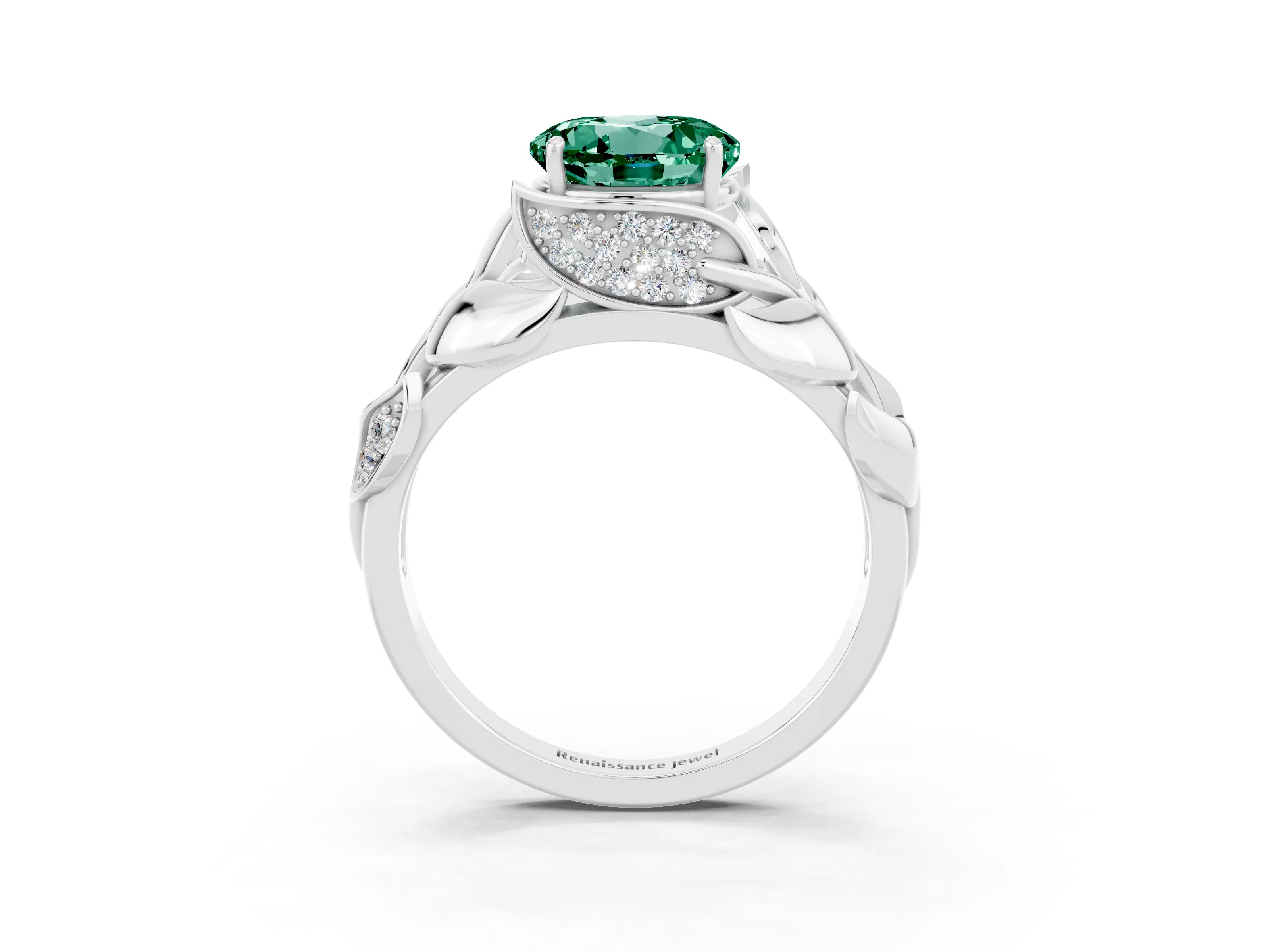 White gold Round Cut Solitaire Leaf-Inspired Engagement Ring with Prong Setting_3