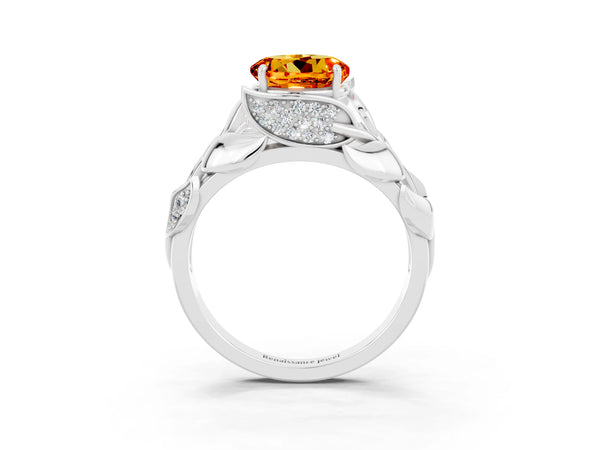 Silver Round Cut Citrine Leaf-Inspired Engagement Ring with Round Accents and Prong Setting
