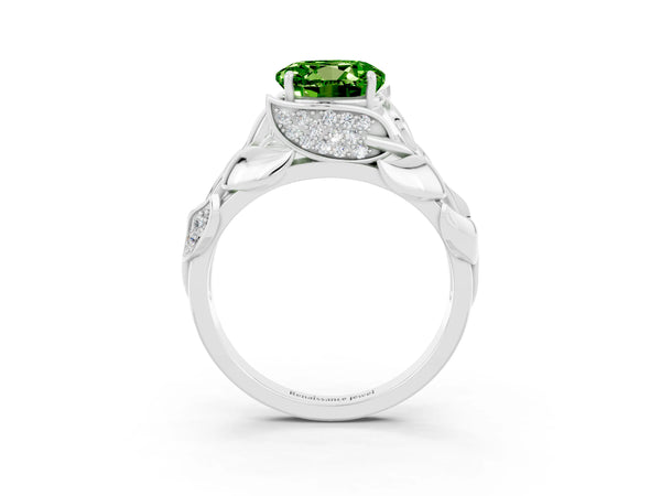 Platinum Round Cut Solitaire Leaf-Inspired Engagement Ring with Prong Setting