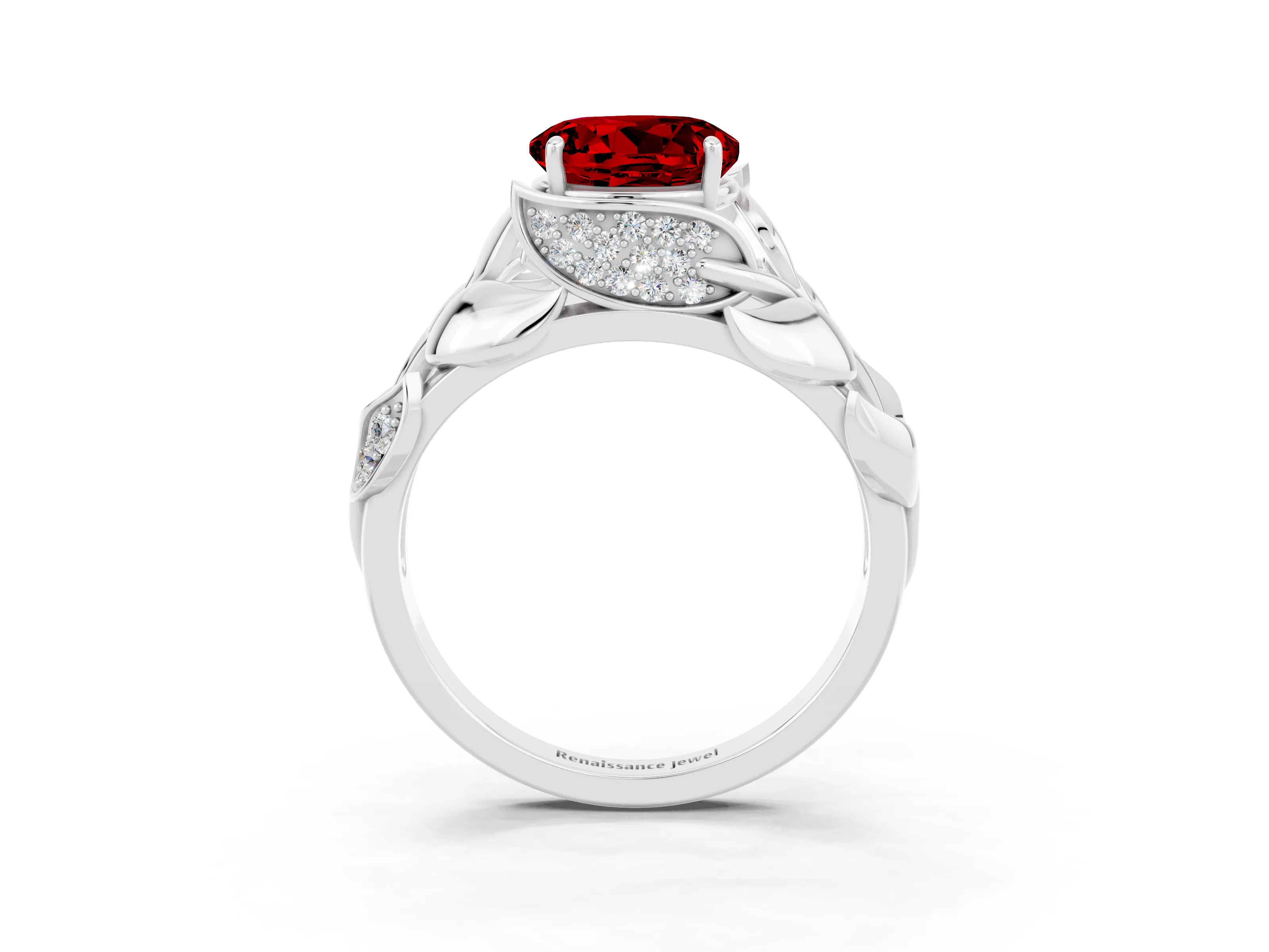 White gold Round Cut Solitaire Leaf-Inspired Engagement Ring with Prong Setting_3