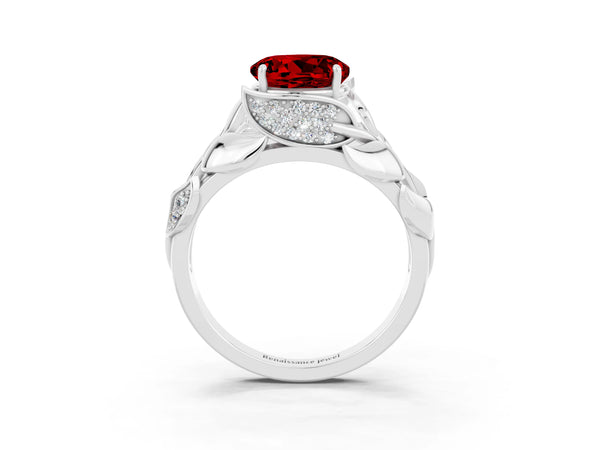 Silver Round Cut Ruby Leaf-Inspired Engagement Ring with Round Accents and Prong Setting