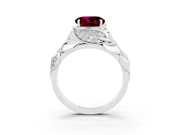 Platinum Round Cut Garnet Leaf-Inspired Engagement Ring with Round Accents and Prong Setting
