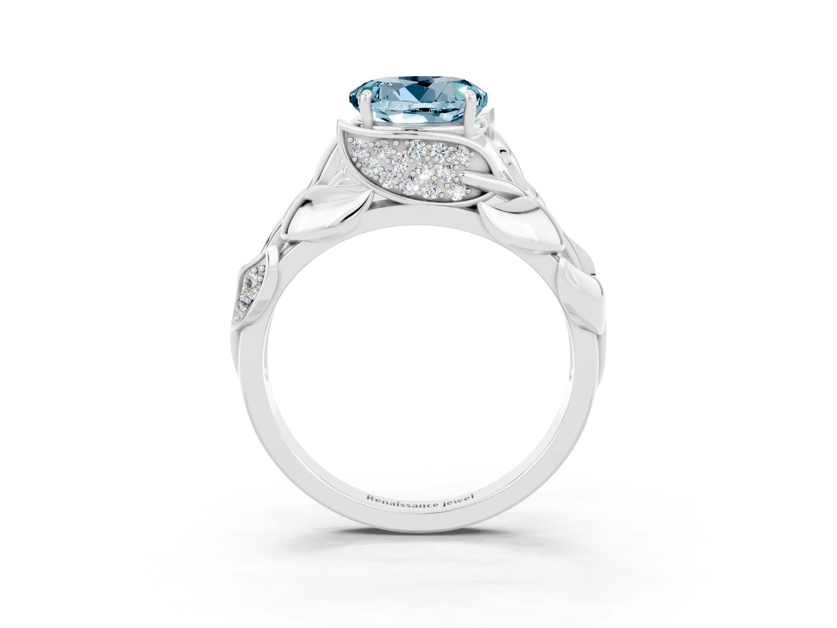 White gold Round Cut Solitaire Leaf-Inspired Engagement Ring with Prong Setting_3
