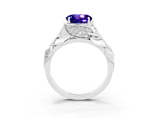 White gold Round Cut Tanzanite Leaf-Inspired Engagement Ring with Round Accents and Prong Setting
