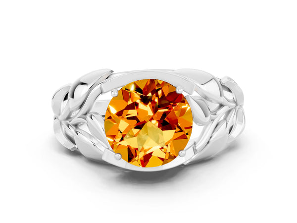 Platinum Round Cut Citrine Leaf-Inspired Engagement Ring with Round Accents and Prong Setting