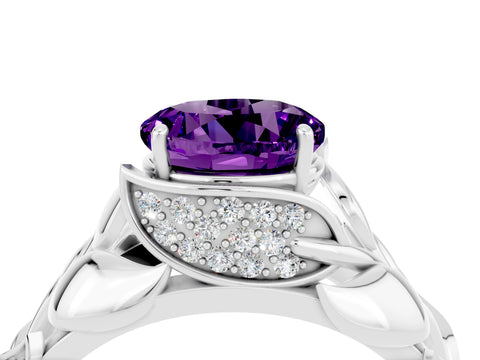 White gold Round Cut Solitaire Leaf-Inspired Engagement Ring with Prong Setting_4