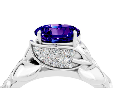 White gold Round Cut Solitaire Leaf-Inspired Engagement Ring with Prong Setting_4