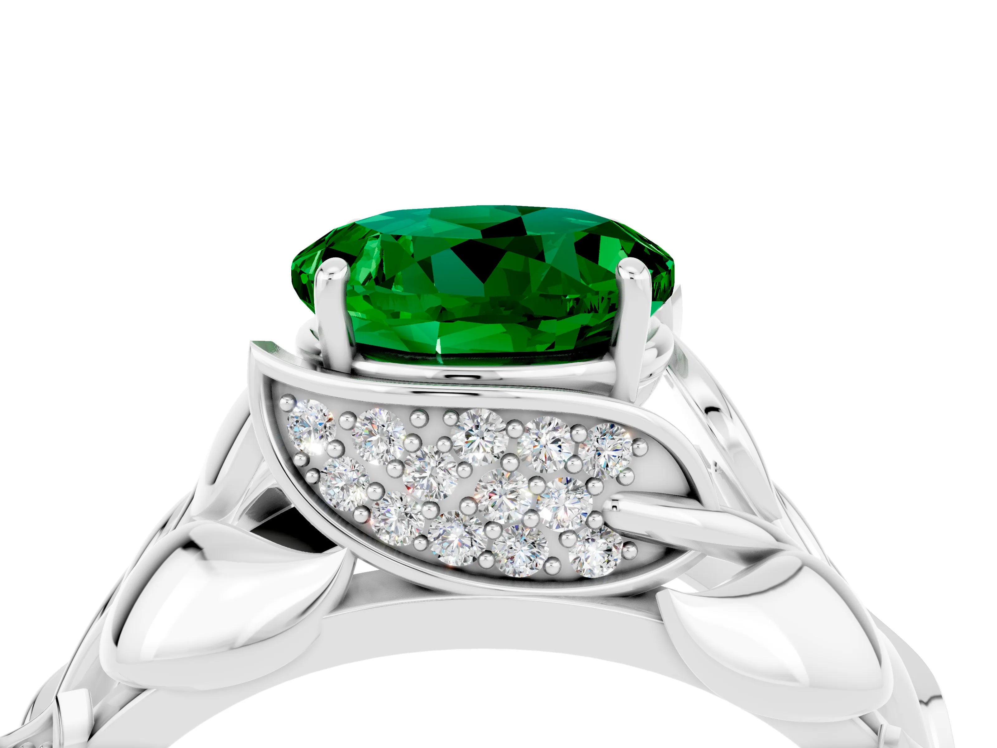 White gold Round Cut Solitaire Leaf-Inspired Engagement Ring with Prong Setting_4